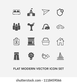 Modern, simple vector icon set with ocean, bed, room, house, picnic, fashion, interior, estate, furniture, bedroom, female, flower, bugle, elegant, boat, nature, summer, tag, jazz, grass, pants icons