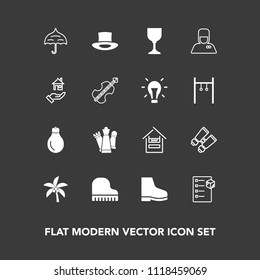 Modern, simple vector icon set on dark background with wine, box, tropical, fashion, strategy, white, hat, umbrella, palm, delivery, glass, summer, open, nature, game, king, cart, supermarket icons