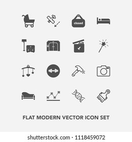 Modern, simple vector icon set with baby, travel, toy, bear, pram, , photo, business, bed, aircraft, furniture, construction, couch, shovel, banner, graph, lens, dna, sofa, airplane, interior icons