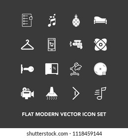 Modern, simple vector icon set on dark background with couch, exotic, sound, fresh, film, sofa, cabinet, hanger, cd, interior, note, right, document, house, camera, home, pineapple, handle, dvd icons
