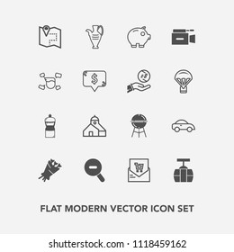 Modern, simple vector icon set with map, money, bouquet, retail, equipment, pin, receipt, cable, bbq, travel, grill, finance, business, beautiful, broom, taxi, transport, vase, list, cash, bank icons