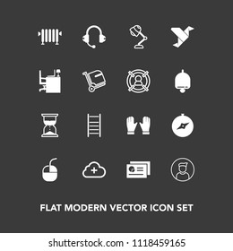 Modern, simple vector icon set on dark background with office, speaker, document, computer, lamp, microphone, origami, work, add, desk, water, light, hour, internet, clock, chart, compass, hot icons