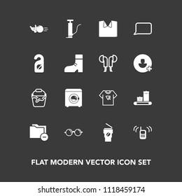 Modern, simple vector icon set on dark background with machine, typography, pump, ringing, wash, bag, optical, ball, telephone, glasses, sign, new, sport, clothing, eyeglasses, folder, fashion icons