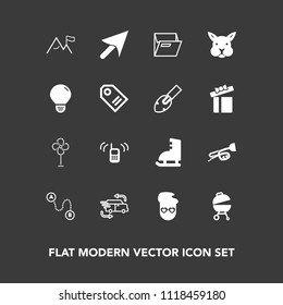 Modern, simple vector icon set on dark background with fan, communication, cursor, music, electric, retro, sign, white, cooler, call, folder, transportation, paper, nature, style, grill, meat icons
