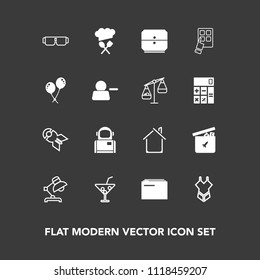 Modern, simple vector icon set on dark background with bear, cosmonaut, chief, science, bomb, business, sun, weapon, glasses, swimsuit, cocktail, bikini, house, estate, toy, fashion, information icons