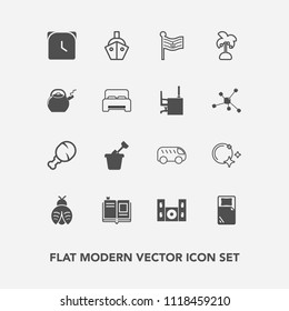 Modern, simple vector icon set with minute, lady, sky, play, fly, cinema, bug, library, textbook, transport, bed, book, sea, fast, literature, national, summer, time, boat, move, meal, moon, bus icons