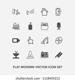 Modern, simple vector icon set with hair, technology, sign, rod, fishing, professional, education, hairdresser, salon, library, battery, axe, chart, water, up, touch, finger, reel, home, pie icons