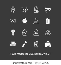 Modern, simple vector icon set on dark background with building, finance, internet, drink, jump, fashion, people, sea, glass, camp, profile, real, mask, travel, sky, kitchen, male, employee, job icons