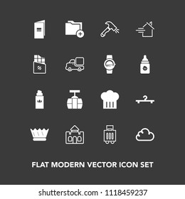 Modern, simple vector icon set on dark background with travel, cloakroom, construction, hanger, restaurant, house, brochure, luxury, document, transportation, royal, chief, cable, train, data icons