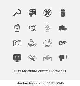 Modern, simple vector icon set with boat, speaker, luggage, communication, work, equipment, health, key, economy, bag, vacation, travel, trailer, lens, water, photo, monitor, salt, loudspeaker icons