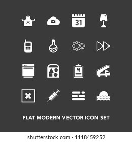Modern, simple vector icon set on dark background with sunset, old, transportation, chief, sun, dental, schedule, dentistry, interior, closed, clinic, appliance, restaurant, template, truck, toy icons