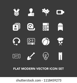 Modern, simple vector icon set on dark background with sport, restaurant, human, pants, ball, construction, spring, ticket, trousers, clothes, fashion, bulb, soccer, football, sakura, button icons