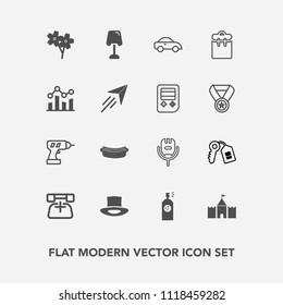 Modern, simple vector icon set with hotdog, hat, professional, karaoke, flower, vehicle, car, telephone, table, hand, transportation, song, spray, security, taxi, sausage, sakura, food, phone icons