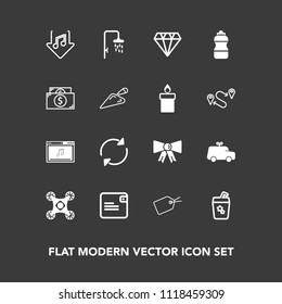 Modern, simple vector icon set on dark background with camera, refresh, dollar, sign, purse, arrow, child, drone, music, fashion, money, bottle, crystal, glass, water, online, finance, reload icons