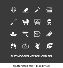 Modern, simple vector icon set on dark background with ocean, meat, ship, fork, camera, rubber, plant, music, paper, sea, research, file, tree, vessel, office, leaf, erase, modern, boat, nature icons