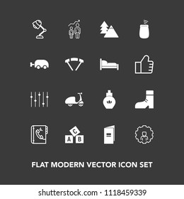 Modern, simple vector icon set on dark background with ride, forest, mobile, footwear, lamp, aroma, beauty, personal, progress, account, internet, web, development, fashion, abc, music, cycle icons
