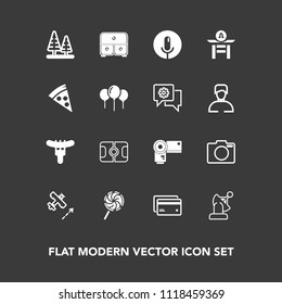 Modern, simple vector icon set on dark background with earth, equipment, hotdog, space, plane, sound, pitch, travel, photographer, nature, banking, taiko, football, money, debit, food, voice icons
