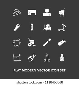 Modern, simple vector icon set on dark background with diagram, space, food, ship, social, dessert, chemical, finance, business, shuttle, ice, desk, technology, money, coin, drill, dinner, human icons