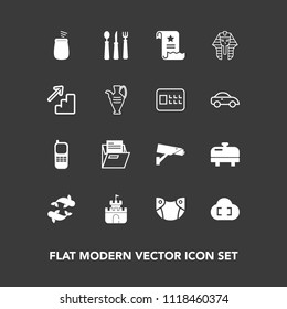 Modern, simple vector icon set on dark background with surveillance, heater, security, diaper, background, musical, egyptian, water, blank, office, business, equipment, home, communication, file icons