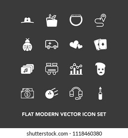 Modern, simple vector icon set on dark background with equipment, smart, map, pin, vision, cowboy, chart, headset, medicine, texas, road, hipster, west, sheriff, graph, tool, business, glasses icons
