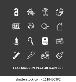 Modern, simple vector icon set on dark background with motel, dumper, home, paintbrush, web, baseball, fire, karaoke, league, truck, sound, audio, ball, zoom, light, chart, technology, business icons