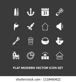 Modern, simple vector icon set on dark background with locomotive, toothbrush, object, bowl, architecture, chinese, hammer, hygiene, backpack, train, shop, home, presentation, wrench, meal, toy icons