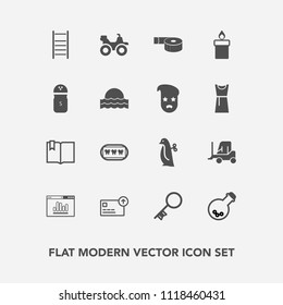 Modern, simple vector icon set with equipment, tape, finance, dental, car, cash, road, book, security, ladder, quad, penguin, dentist, transport, health, click, children, baby, website, sticky icons