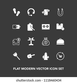 Modern, simple vector icon set on dark background with money, slipper, cart, music, leaf, furniture, sign, trolley, cooking, retail, communication, sofa, full, mobile, interior, modern, sound icons