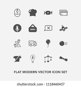 Modern, simple vector icon set with candy, baby, newborn, bus, left, lollipop, chef, celebration, gift, bowling, shirt, clothes, device, plastic, location, click, banking, travel, pin, road, bow icons