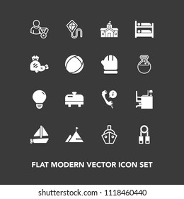 Modern, simple vector icon set on dark background with work, idea, heater, summer, architecture, element, center, table, government, energy, person, boiler, water, sky, call, ship, presentation icons