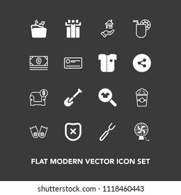 Modern, simple vector icon set on dark background with cafe, sign, tool, security, underwater, closed, box, clothing, fan, house, clothes, interior, sport, sea, spoon, drink, coffee, fork, cup icons