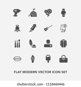 Modern, simple vector icon set with nature, bun, industry, clothing, person, alarm, white, igloo, blossom, knife, icecream, lettuce, ice, arctic, ink, human, pen, burger, notification, bell, bag icons