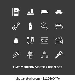 Modern, simple vector icon set on dark background with science, arrow, holiday, people, direction, concept, luggage, notification, furniture, way, cash, event, repair, phone, finance, bed, alarm icons