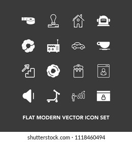 Modern, simple vector icon set on dark background with music, sound, sticky, upstairs, doughnut, paper, sweet, house, success, building, people, vehicle, development, cake, estate, male, profile icons