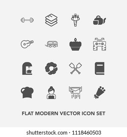 Modern, simple vector icon set with education, mail, paddle, hat, business, bride, library, coffee, letter, boat, wine, envelope, message, oar, cake, floral, internet, flower, alcohol, gym, food icons