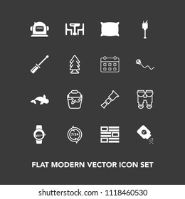 Modern, simple vector icon set on dark background with ice, dinner, operator, handle, container, powder, pillow, astronomy, watch, newspaper, white, food, bucket, table, smart, fish, news, baby icons