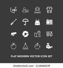 Modern, simple vector icon set on dark background with bank, pin, internet, money, healthy, profile, lollipop, investment, social, camp, cosmonaut, tent, travel, sweet, doughnut, dessert, fruit icons