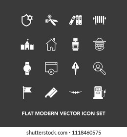 Modern, simple vector icon set on dark background with america, tool, necklace, boiler, tower, fuel, mark, watch, web, exclamation, house, national, pump, hot, office, account, page, file, gas icons