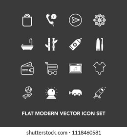 Modern, simple vector icon set on dark background with online, message, wallet, telescope, sky, present, internet, cart, gift, buy, shop, delivery, package, night, baby, support, fashion, cash icons