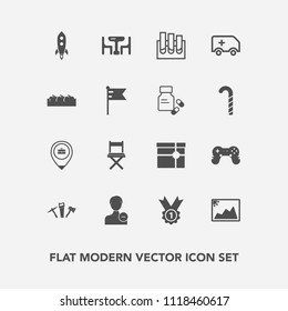 Modern, simple vector icon set with present, joystick, rocket, family, award, dinner, healthy, home, car, hammer, location, play, box, photo, table, fruit, delete, avatar, ambulance, food, apple icons