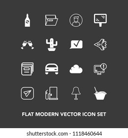 Modern, simple vector icon set on dark background with drink, web, street, paper, noodle, food, book, glass, library, lamp, car, gasoline, oil, interior, office, wine, sign, white, banner, male icons