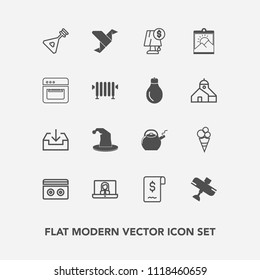 Modern, simple vector icon set with tape, instrument, technology, blank, communication, download, dessert, call, creative, video, kettle, folk, airplane, cream, sweet, music, sale, musical, sign icons