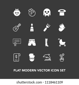 Modern, simple vector icon set on dark background with graphic, business, stroller, cute, fahrenheit, wear, ufo, hat, alien, wildlife, baby, sale, growth, diploma, scale, child, fiction, space icons