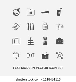 Modern, simple vector icon set with world, cardboard, fashion, flashlight, light, electricity, message, container, luggage, file, plate, fresh, bag, dress, folder, electric, sign, drum, female icons