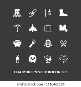 Modern, simple vector icon set on dark background with boat, shovel, fork, business, alien, cyborg, headset, houseboat, knife, monster, oar, bath, food, sailboat, japan, travel, futuristic, room icons