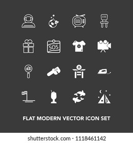 Modern, simple vector icon set on dark background with antenna, astronaut, science, outdoor, iron, taiko, bar, television, hammer, magnifying, baja, alcohol, electric, adventure, mexico, beach icons