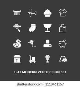 Modern, simple vector icon set on dark background with social, duck, sign, white, home, domestic, work, toy, coin, dessert, market, cargo, map, cleaner, machine, human, package, airplane, drill icons
