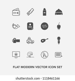 Modern, simple vector icon set with microphone, white, bag, finance, estate, song, house, headwear, seafood, travel, photographer, voice, elegance, money, online, frame, hammer, fish, beauty icons