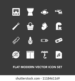 Modern, simple vector icon set on dark background with flight, photo, globe, gun, earth, signal, entrance, hook, camera, dinner, fork, antenna, vegetable, door, bullet, saw, spoon, percussion icons