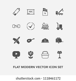 Modern, simple vector icon set with accident, pencil, food, park, sign, rocket, media, spaceship, van, board, sweet, guitar, nature, blackboard, car, background, chocolate, floral, safety, black icons